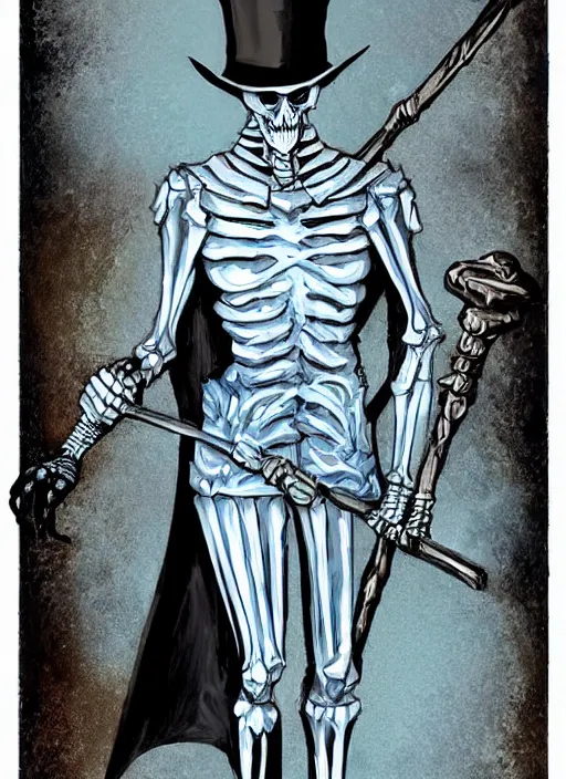 Image similar to DND character concept, skeletal male figure, wearing a deep black suit!!! and tie and top hat, holding a gold! cane!. Surrounded by light blue!!! flames!!