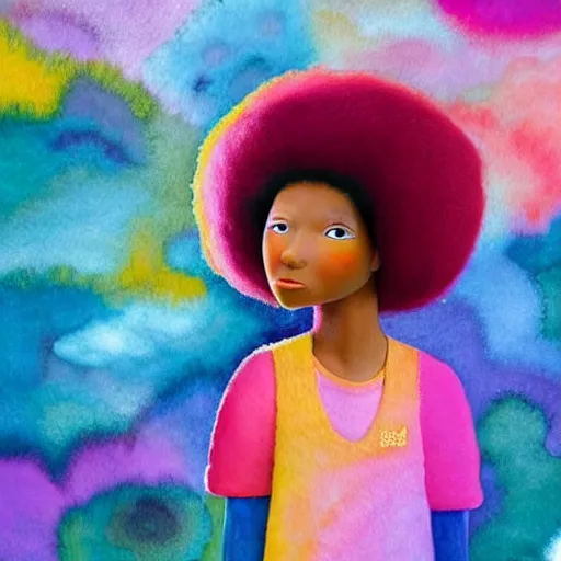 Image similar to a black girl with a colorful afro and rainbow eyes, in a candy forest! at night, bokeh, bright colours, watercolor, volumetric wool felting, macro photography, children illustration, by goro fujita