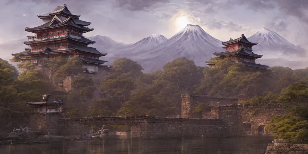 Image similar to japan middle age, giant fortress with cannons guarded by samurais, is built on a strong old wooden bridge, giant goddess with swords, morning, matte painting, concept art, james gurney, greg rutkowski, unreal engine, artstation, john howe