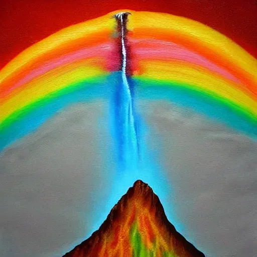 Prompt: the surreal flat painting of an image of a montain dripping rainbow lava artistic by yasemin karabenli