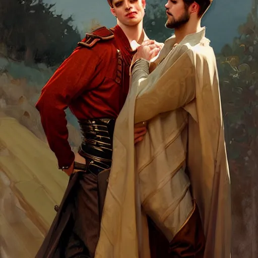 Image similar to attractive fully clothed king confesses his love for his attractive fully clothed male prince. highly detailed painting by j. c. leyendecker, craig mullins, tom bagshaw,