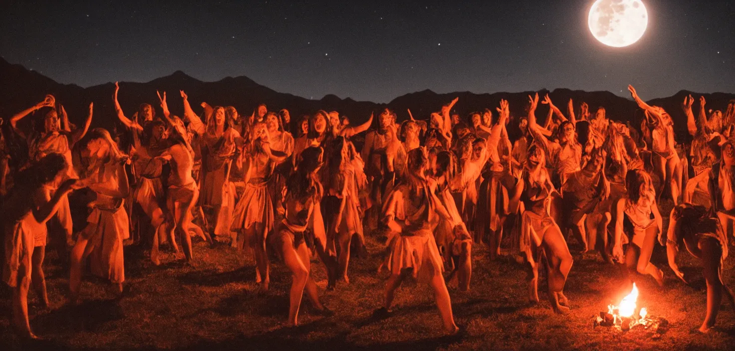 Prompt: a very high resolution historical image. a giant full moon in the mountains while young women dance in ecstasy in the firelight as the satanic ritual begins, 2 4 mm, photorealistic, photography, night directed by wes anderson