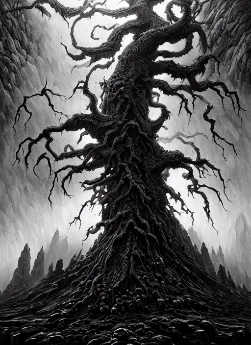 Image similar to close up portrait of a monster tree in the scary mountains of hell, oil painting by tomasz jedruszek and nicolas delort, cinematic lighting, pen and ink, intricate line, hd, 4 k, million of likes, trending on artstation