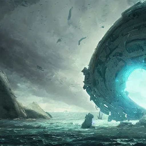 Image similar to An intact ancient alien ship, discovered half-buried in the Caribbean, detailed fantasy art by Greg Rutkowski