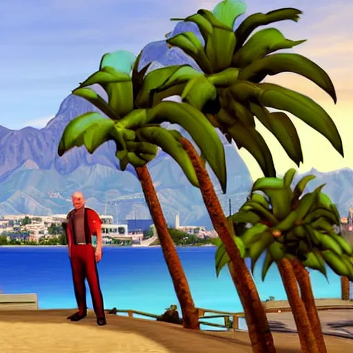 Image similar to Captain Jean Luc Picard in GTA V. Los Santos in the background, palm trees. In the art style of Stephen Bliss.