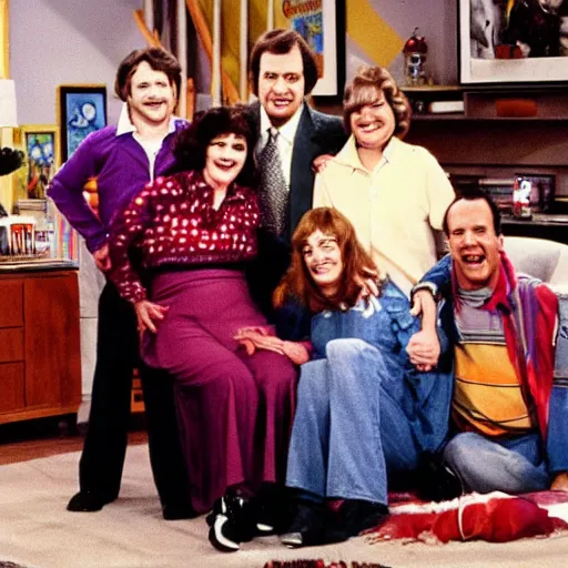 Image similar to vintage 1 9 8 0's sitcom publicity photo, a happy photogenic family and a large giant evil demonic horrifying angry detailed monstrous demon creature inside a 1 9 8 0's sitcom living room