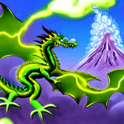 Prompt: a purple dragon blowing green fire fighting a retro spaceship with a volcano in the background, concept art by ken steacy