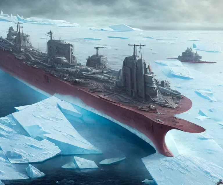 Image similar to one singular solo enormous gigantic steel ship - shaped fortress sailing across an icy frozen ocean. masterpiece, cinematic, octane render, depth of field, bokeh, architecture, aerial view, art by tom bagshaw, geof darrow, james gurney, filip hodas