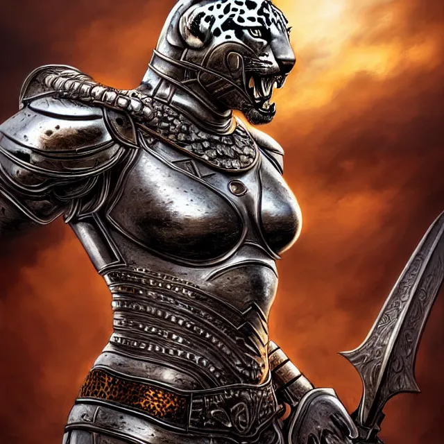 Image similar to warrior with metal jaguar armour, highly detailed, 4 k, hdr, smooth, sharp focus, high resolution, award - winning photo, artgerm, photorealistic