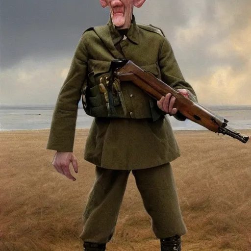 Image similar to Squidward as an English soldier fighting at Normandy, hyperrealistic