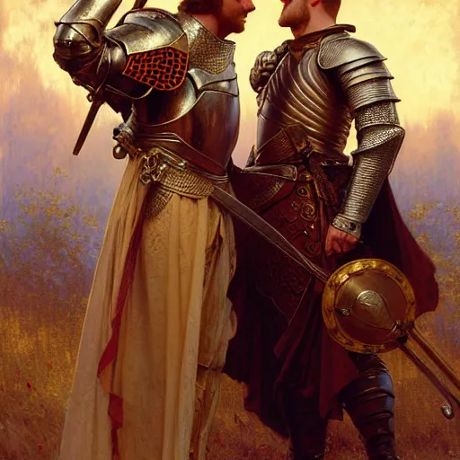 Image similar to attractive arthur pendragon and his attractive male knight, they are in love, natural lighting, path traced, highly detailed, high quality, digital painting, by gaston bussiere, craig mullins, alphonse mucha j. c. leyendecker