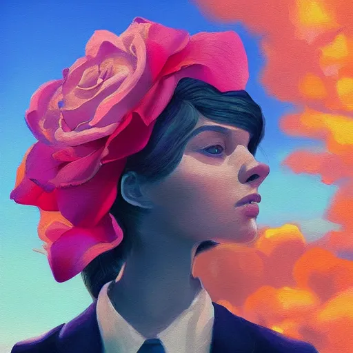 Image similar to closeup, giant rose flower as a head, portrait, girl in a suit, surreal photography, sunrise, blue sky, dramatic light, impressionist painting, digital painting, artstation, simon stalenhag