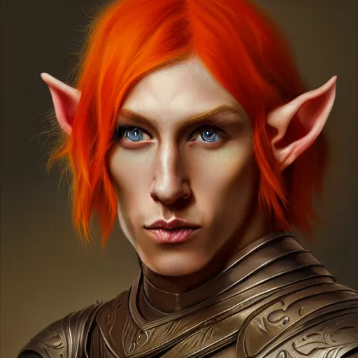 Image similar to portrait painting of a very young elven man with short light orange hair and tribal tattoos on his face wearing fur armor, sharp focus, award - winning, trending on artstation, masterpiece, highly detailed, intricate. art by james ryman