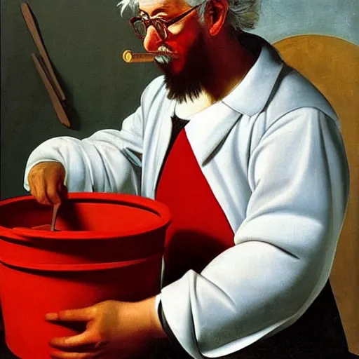 Prompt: Colonel Sanders eating fried chicken out of a red bucket. Painted by Caravaggio, high detail