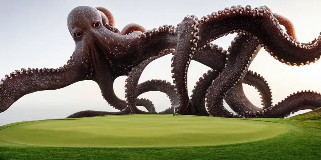 Image similar to a great photograph of the most amazing golf hole in the world, surrounded by water, giant octopus, ambient light, golf digest, top 1 0 0, fog