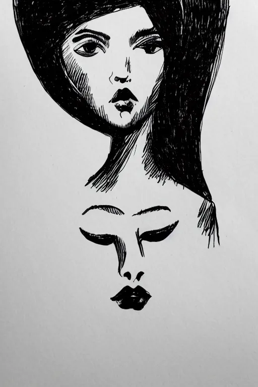 Image similar to ink lineart drawing of a beautiful woman, doll face, big lips, white background, etchings by goya, chinese brush pen, illustration, high contrast, deep black tones contour