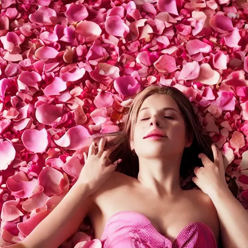 Prompt: woman laying in a pool of rose petals, movie poster, realistic, soft lighting, professional, full body, view from top