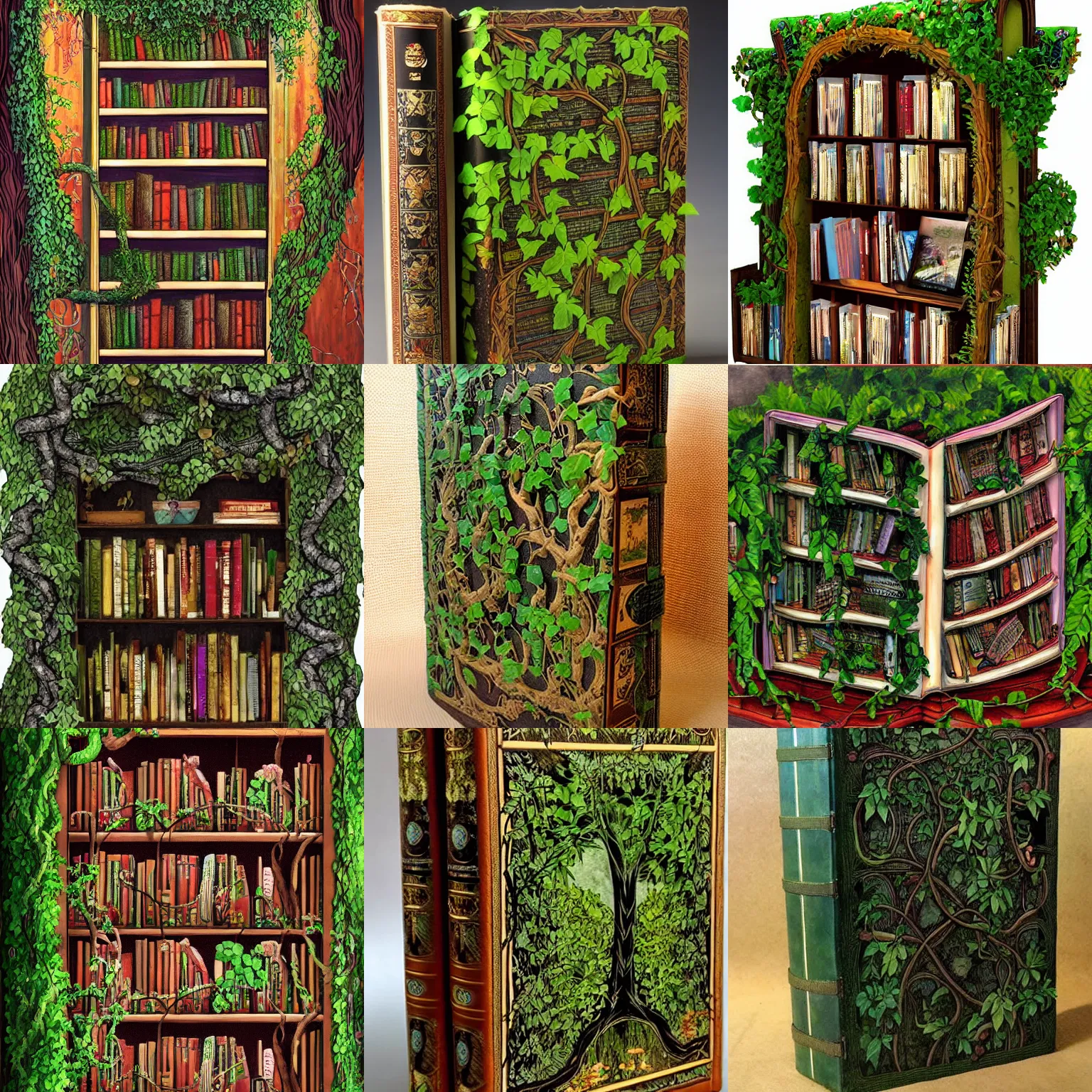 Prompt: enchanted bookshelf surrounded by vines, in the style of colin thompson, highly detailed, fantasy,