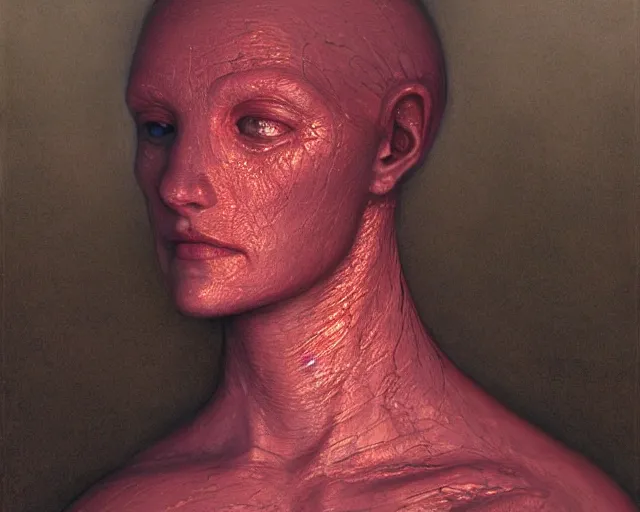 Image similar to face portrait, rocky shore, alien woman, glowing red, by edgar maxence and ross tran, zdzisław beksinski, and michael whelan, distant, gustav dore, h. r. giger, 8 k, octane render