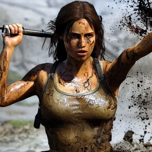 Prompt: film scene lara croft emerges from the river water, her face is covered with mud, part of the body is still in the river, it looks sweaty