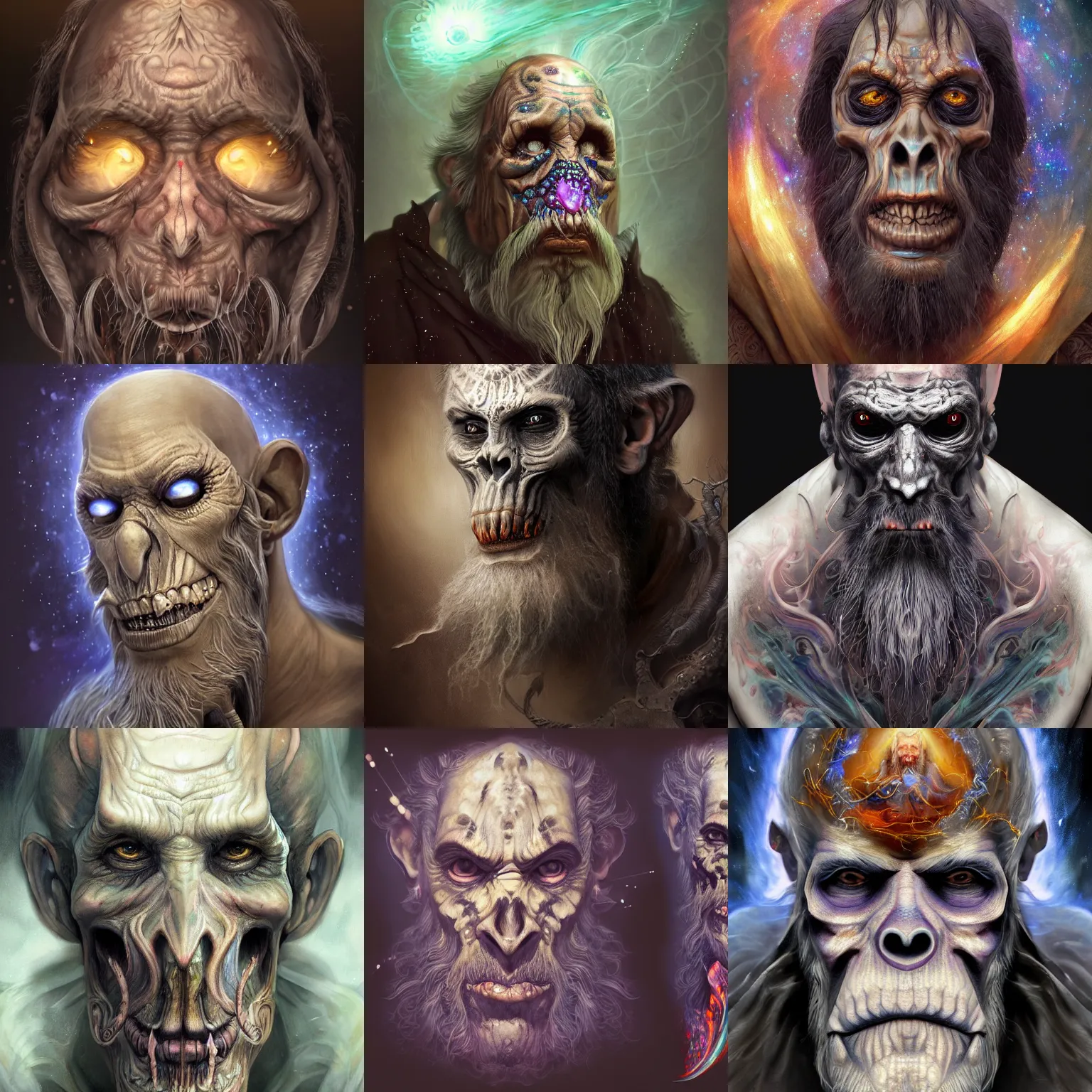 Image similar to a wlop 3 d render of very very very very highly detailed beautiful mystic portrait of a phantom undead mage ape with whirling galaxy around, tattoos by anton pieck, intricate, extremely detailed, digital painting, artstation, concept art, smooth, sharp focus, illustration, intimidating lighting, incredible art,