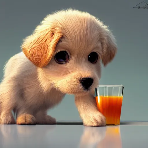 Image similar to cute puppy drinking juice, masterpiece, 8k, fantasy, cinematic lighting, highly detailed, digital painting, artstation, smooth, sharp focus, illustration, by Pixar