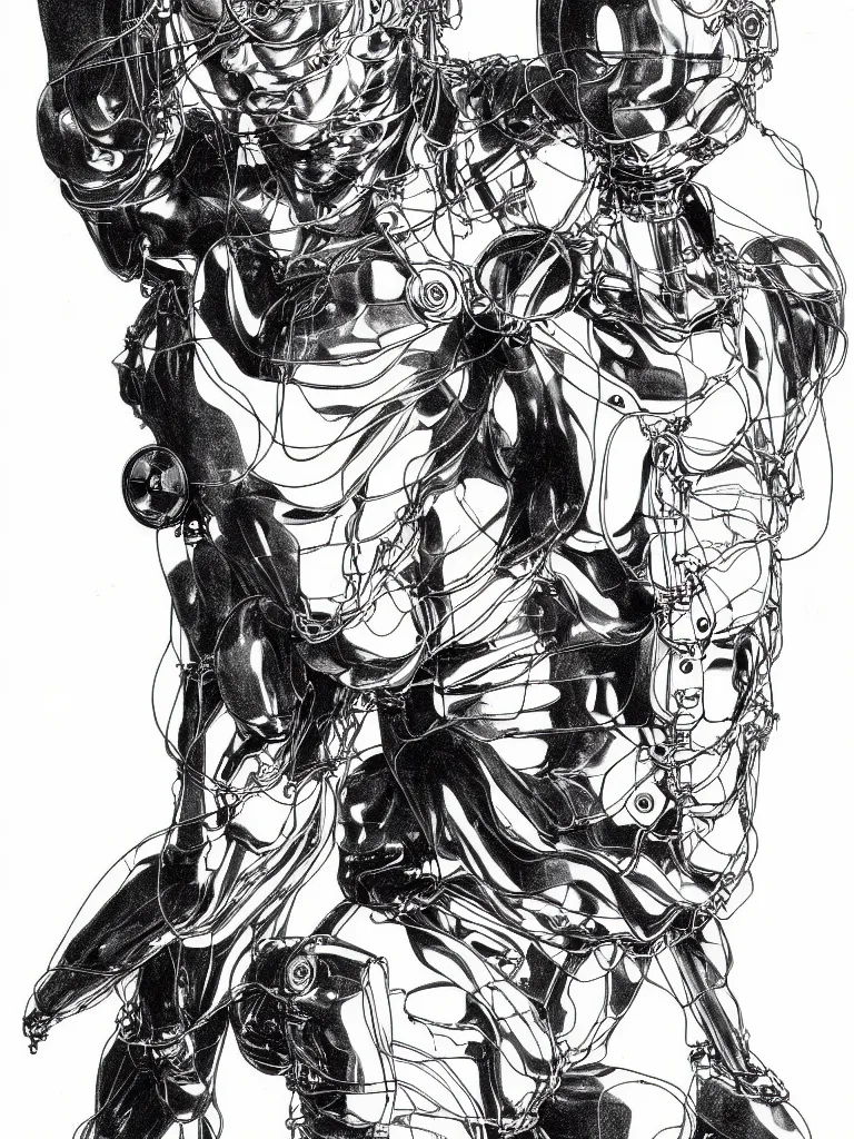 Image similar to prompt: Fragile looking figure, portrait face drawn by Katsuhiro Otomo, full body character drawing, inspired by Evangeleon and Akira 1988, cyborg and wire details parts with details, clean ink detailed line drawing, intricate detail, manga 1990, golden ration composition