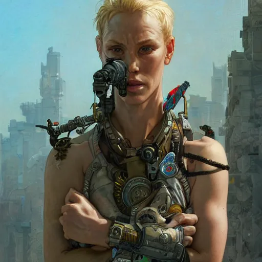 Image similar to brutalist Portrait of Tank Girl, intricate, wild, highly detailed, digital painting, artstation, concept art, smooth, sharp focus, illustration, art by artgerm and greg rutkowski and alphonse mucha and Hajime Sorayama