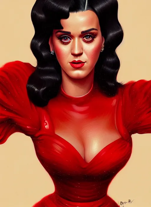 Image similar to portrait of katy perry in a red dress, intricate, elegant, highly detailed, digital painting, artstation, concept art, smooth, sharp focus, illustration, photorealistic art by wlop, mars ravelo and greg rutkowski