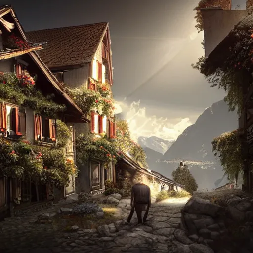 Image similar to Man in Switzerland, high resolution fantasy concept art, realistic, intricate details, soft lighting