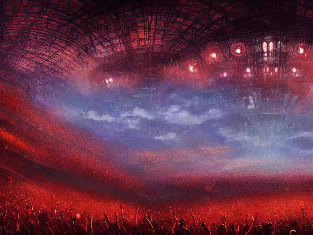 Prompt: a large concert stadium in hell, high contrast, stage lighting, pyrotechnics, ghibli animated film, volumetric lighting, octane render by stanley artgerm lau, greg rutkowski, thomas kindkade, alphonse mucha, loish, norman rockwel,