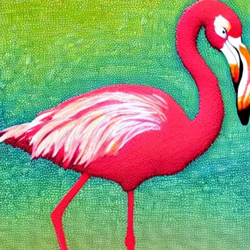 Prompt: a flamingo standing by a lazy stream contemplating silence, pointilism, deep color, masterpiece