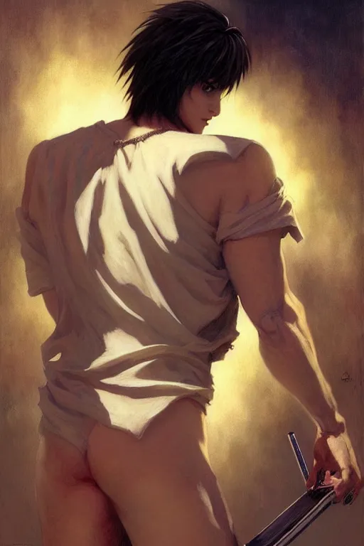 Image similar to death note, attractive male, character design, dynamic lighting, cool and bright tint, painting by gaston bussiere, craig mullins, j. c. leyendecker, tom of finland