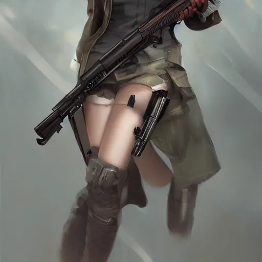 Image similar to beautiful woman with a gun, artstation, wlop, highly detailed