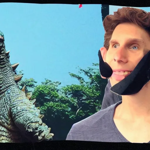 Prompt: jerma985 hanging out with godzilla