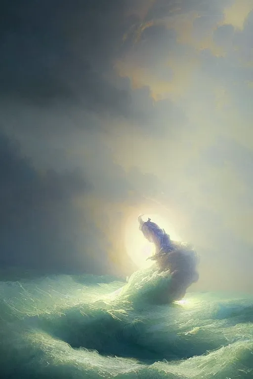 Prompt: A stunning detailed deity emerging from a stormy ocean by Ivan Aivazovsky, Peter Mohrbacher , Greg Rutkowski, digital painting, beautiful lighting, full moon, detailed swirling water tornado, artstation