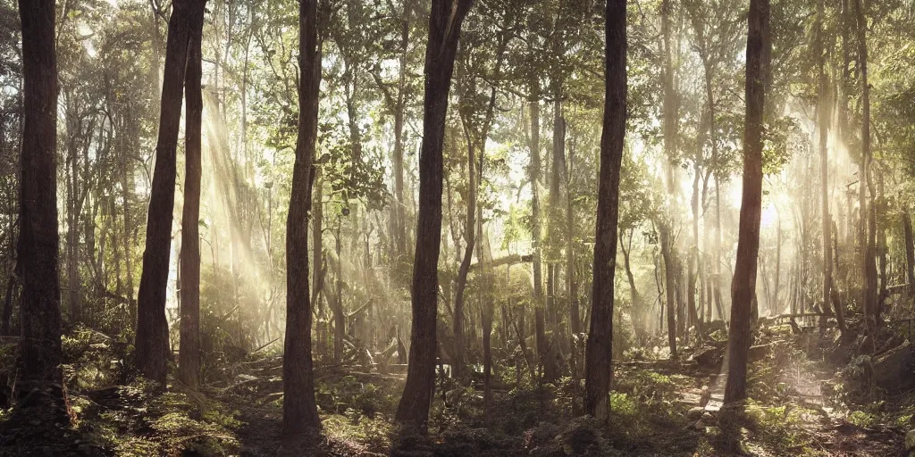 Image similar to An incredibly diverse forest, the light shoots through the trees from the sun, a walking path through the side, in the style of Hayao Miyazaki