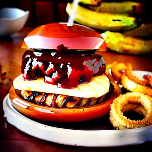 Prompt: The ultimate Banana-Burger with extra jam on a hand-carved cherrywood-plate, with a side of onion rings. Perfect photography.