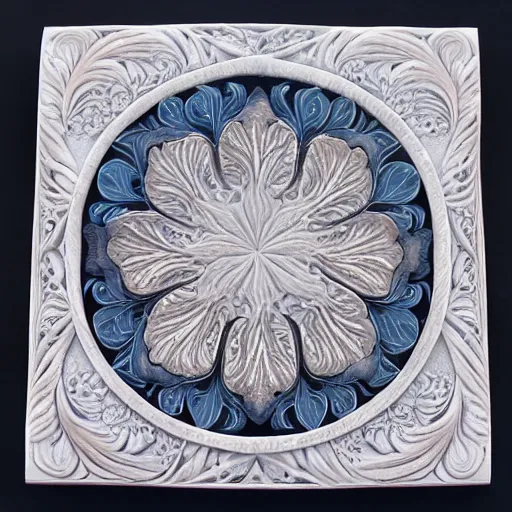 Image similar to paisley, fractals, swirls, ernst haeckel, carved soapstone relief paneling white and pale blue