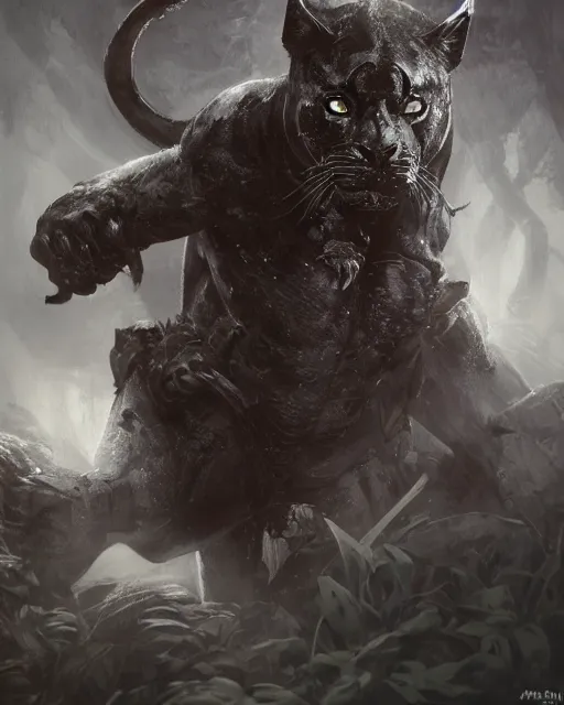 Image similar to Panther warrior in armor sneaking in jungle, portrait, dark fur, glowing eyes, magic the gathering artwork, D&D, fantasy, cinematic lighting, centered, symmetrical, highly detailed, digital painting, artstation, concept art, smooth, sharp focus, illustration, volumetric lighting, epic Composition, 8k, art by Akihiko Yoshida and Greg Rutkowski and Craig Mullins, oil painting, cgsociety