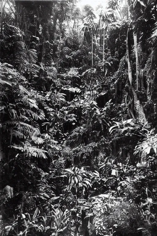 Image similar to alien buildings inside a jungle, black and white photography, year 1 9 0 0