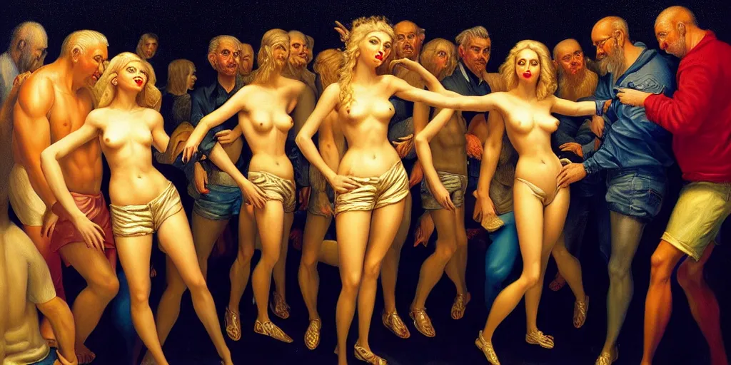 Prompt: a blonde lady surrounded by men in shorts in a nightclub, abstract oil painting by gottfried helnwein pablo amaringo raqib shaw zeiss lens sharp focus high contrast chiaroscuro gold complex intricate bejeweled