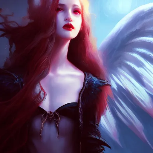 Image similar to young vampire princess with burning wings 4 k high definition gorgeous dramatic lighting artstation trending path traced contrast light and dark cinematic breathtaking by christensen, james c.