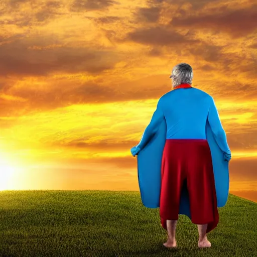 Image similar to extremely realistic elderly retired superman loose costume sad sighing alone looking at a sunset cape in the breeze