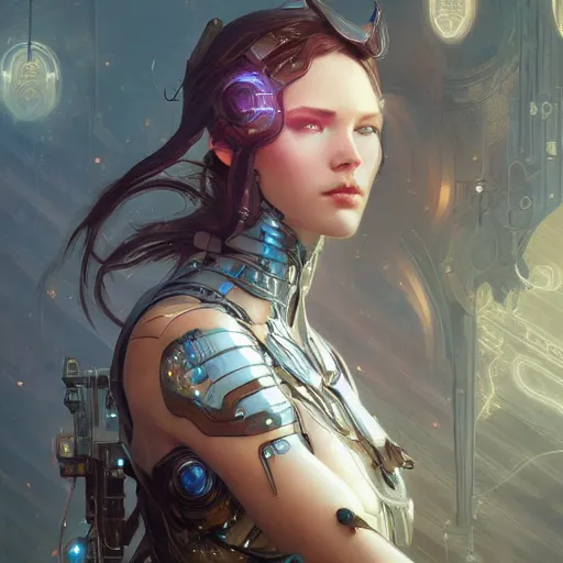 Image similar to beautiful cyborg girl, fantasy, intricate, elegant, highly detailed, digital painting, artstation, concept art, wallpaper, smooth, sharp focus, illustration, art by artgerm and greg rutkowski and alphonse mucha