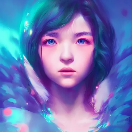 Image similar to portrait of teen girl, art by Ross tran, vivid color palette, digital painting, 3D, octane render, post process in Photoshop, highly detailed, particles, light effect