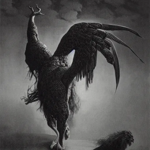 Prompt: the man with the beak of an eagle, the mane of a lion, the horns of a bull. drawn by zdzislaw beksinski