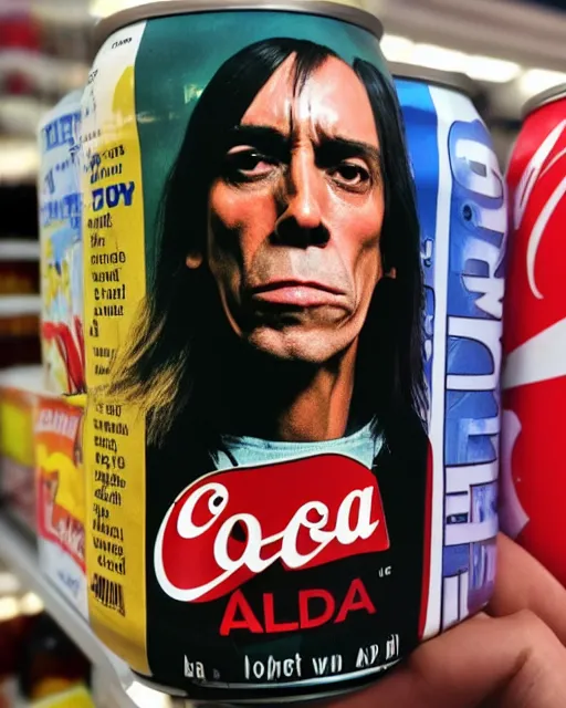 Prompt: a hand holding a tall soda can with iggy pop's face on the label, inside a supermarket