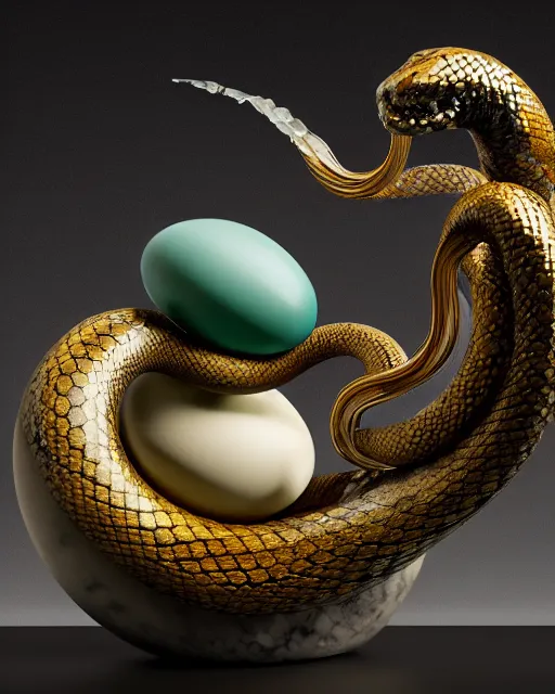 Image similar to a photo of a sculpture of a snake from blue and emerald and amethyst crystal geode formations encircling a marble egg on a base of obsidian made with liquid gold tendrils by ellen jewett by stanisław szukalski, octane render, recursive, tendrils, elestial crystals, geode, refracted light