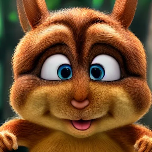 Prompt: very very very very cute Alvin the Chipmunk, portrait, pixar style, forest background, cinematic lighting, award winning creature portrait photography